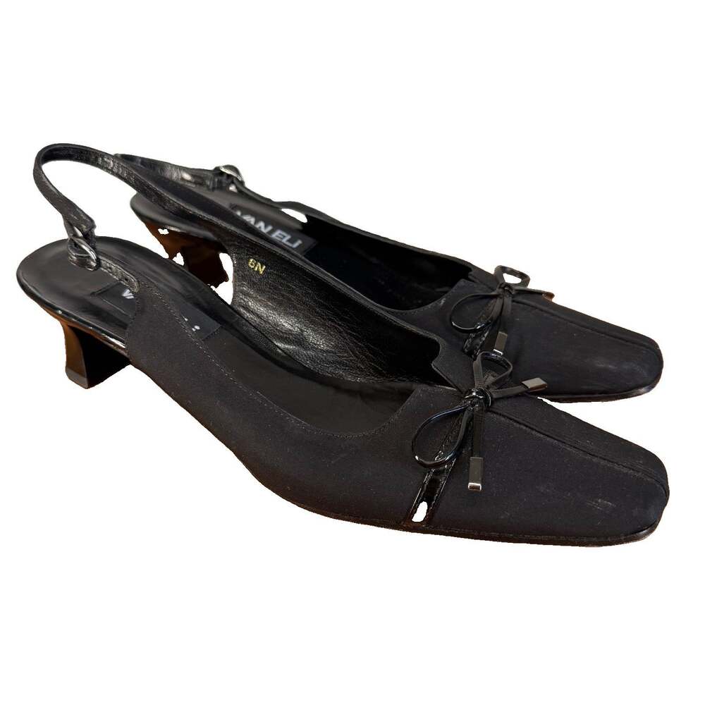 Vaneli Heels Womens 8N Black Leather Vintage Kitten Heel Bow Slingback Narrow